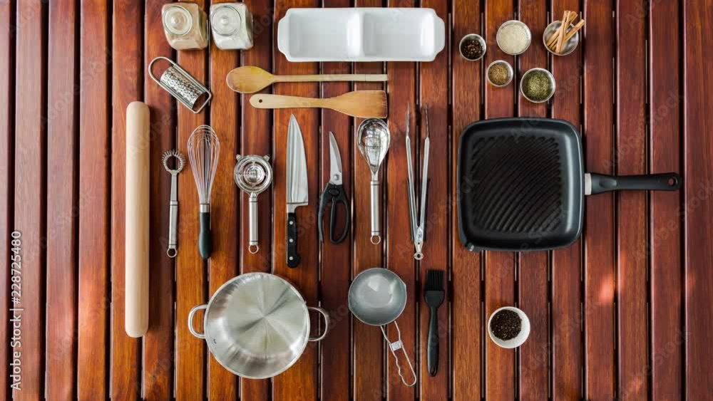 Stop motion timelapse of important kitchen utensils and cooking items ...