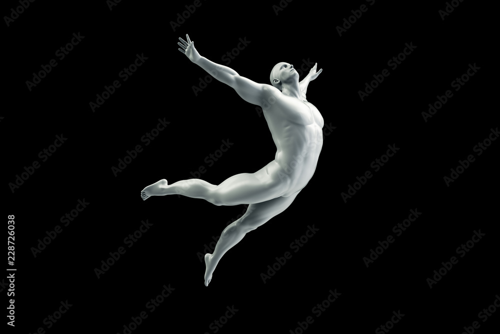 Abstract white plastic human body mannequin figure over black background. Action fly and jump pose. 3D rendering illustration Abstract white plastic human body mannequin figure over black background. Action fly and jump pose. 3D rendering illustration