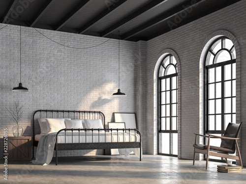 Loft bedroom 3d render,There are white brick wall,polished concrete floor and black wood ceiling.Furnished with black steel bed ,There are arch shape windows sunlight shining into the room.