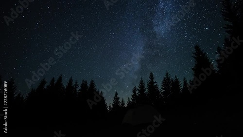 The Milky Way is moving in the night sky over the silhouettes of trees. Timelapse. 4K photo