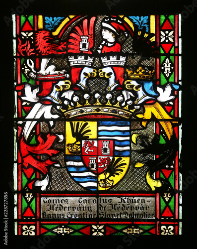 Coat of arms of Ban Khuen Hedervary  stained glass in Zagreb cathedral dedicated to the Assumption of Mary