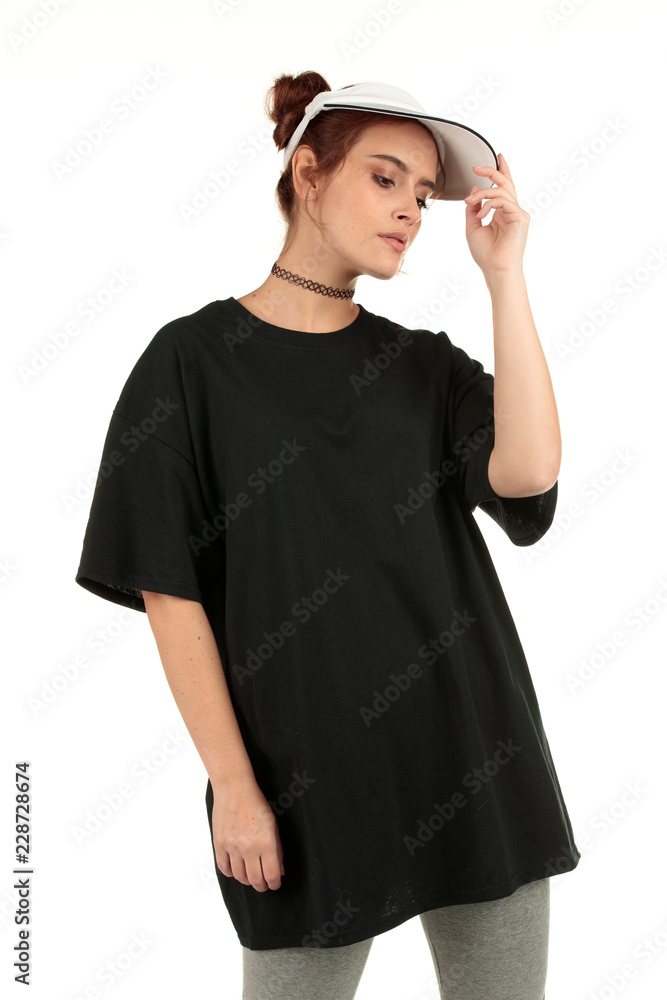 Blank t-shirt mock-up - Cool streetwear fashion girl ready for your design Blank t-shirt mock-up - Cool streetwear fashion girl ready for your design