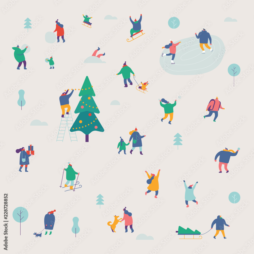 Winter season background people characters. Winter outdoor activities. People have fun. Flat vector illustration.
