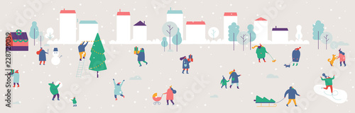 Winter outdoor activities. Snowy city background. People walking,having fun, skiing, ice skating, sledding. Flat vector illustration.