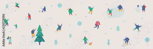 Winter Park gorizontal banner. Season background simple people characters have outdoor activities  Flat vector illustration. 