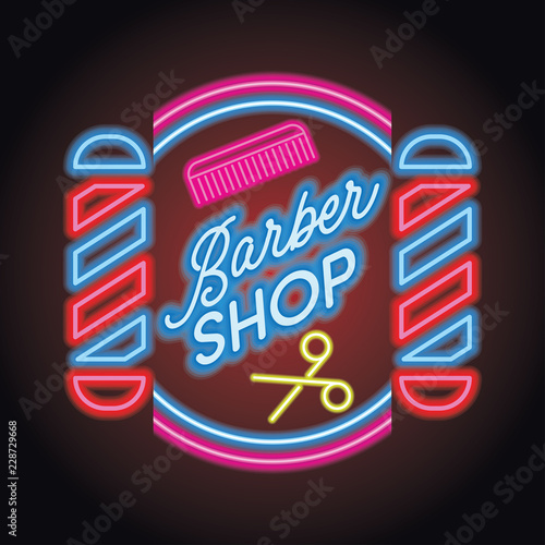 barber shop logo with neon light effect. vector illustration