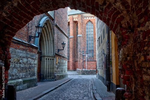 Morning street in medieval town of old Riga city