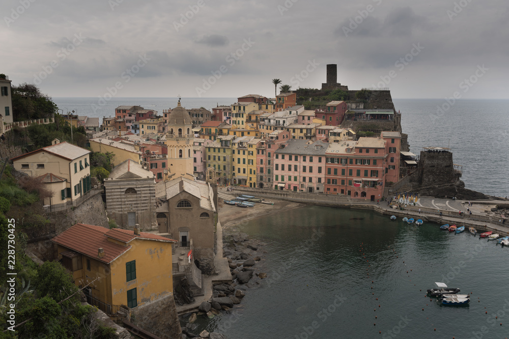 Beautiful view of Vernazza .Is one of five famous colorful villages of Cinque Terre National Park in Italy, suspended between sea and land on sheer cliffs. Liguria region of Italy