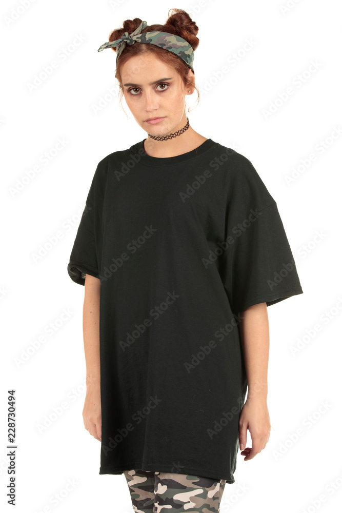 Blank t-shirt mock-up - Cool streetwear fashion girl ready for your design Blank t-shirt mock-up - Cool streetwear fashion girl ready for your design