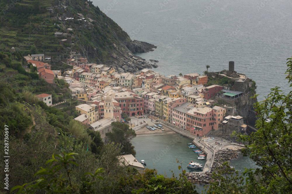 Beautiful view of Vernazza .Is one of five famous colorful villages of Cinque Terre National Park in Italy, suspended between sea and land on sheer cliffs. Liguria region of Italy