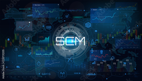 SCM - Supply Chain Management / Supply Chain Management SCM / Aspects of Modern Company Logistics Processes On a Schematic Map / Vector illustration SCM