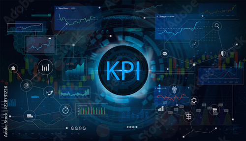 Key Performance Indicator (KPI) and business analytics (BA), metrics to measure achievement versus planned target on an automated marketing dashboard, person touching screen icon, success. Vector
