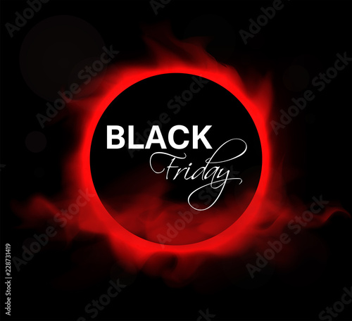 Black friday sale layout background. Black circle with an inscription and a red glow in red smoke. Vector Banner