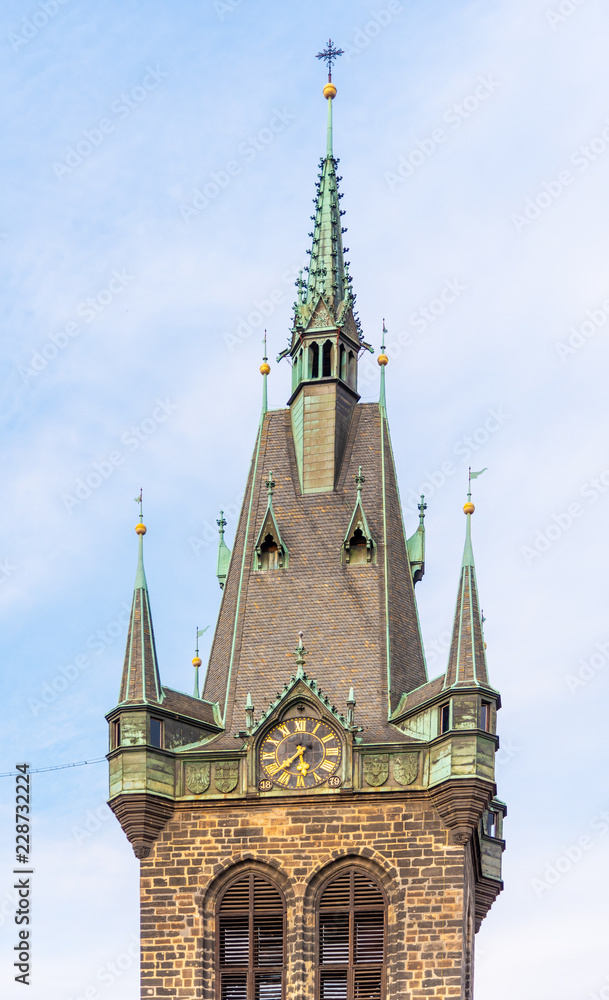 Obraz premium Detailed view of St Henry Tower, Czech: Jindrisska Vez. The highest belfry in Prague, Czech Republic