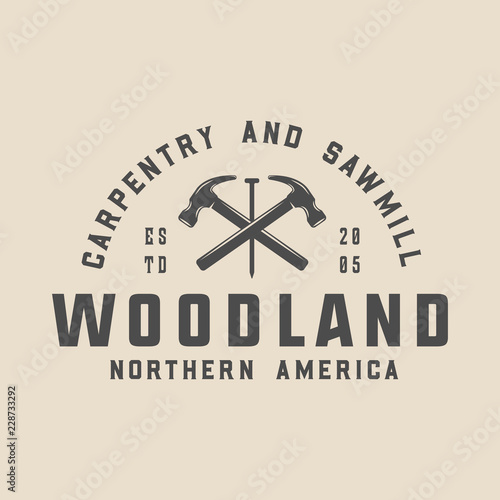 Vintage carpentry, woodwork and mechanic label, badge, emblem and logo. Vector illustration. Monochrome Graphic Art.