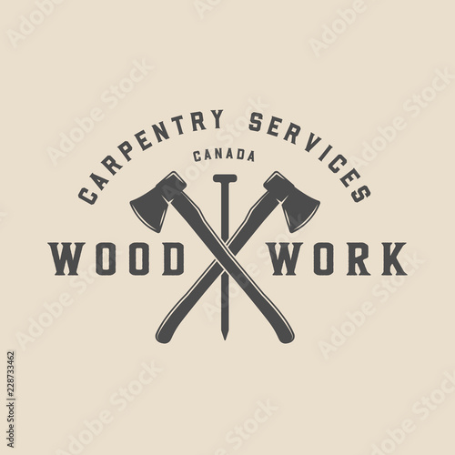 Vintage carpentry, woodwork and mechanic label, badge, emblem and logo. Vector illustration. Monochrome Graphic Art.