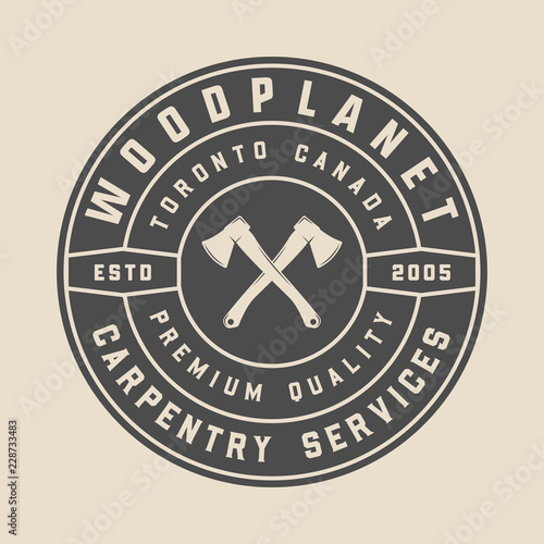 Vintage carpentry, woodwork and mechanic label, badge, emblem and logo. Vector illustration. Monochrome Graphic Art.