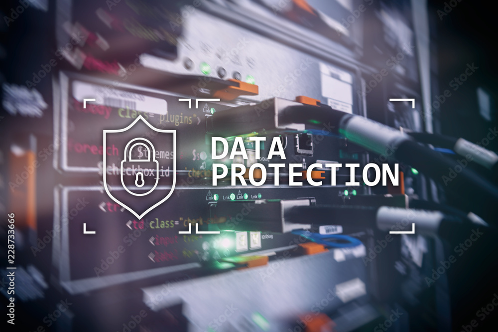 Data protection, Cyber security, information privacy. Internet and technology concept. Server room background.