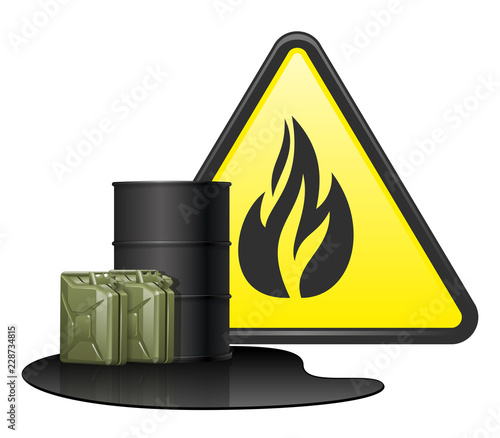 Black barrel for transport petroleum products. Two green fuel canisters in puddle gasoline. Yellow sign danger with fire. EPS10 vector illustration isolated on white background.