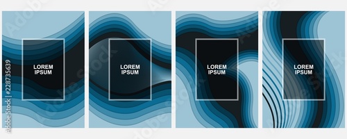Wavy abstraction. Multi-level design for business presentations, flyers, posters, covers. Set of 4 vertical banners. Abstract carving. Text. Frame.