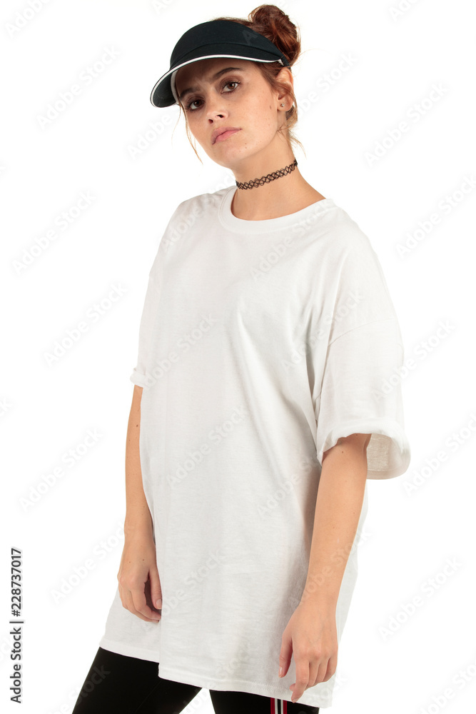 Blank t-shirt mock-up - Cool streetwear fashion girl ready for your design Blank t-shirt mock-up - Cool streetwear fashion girl ready for your design