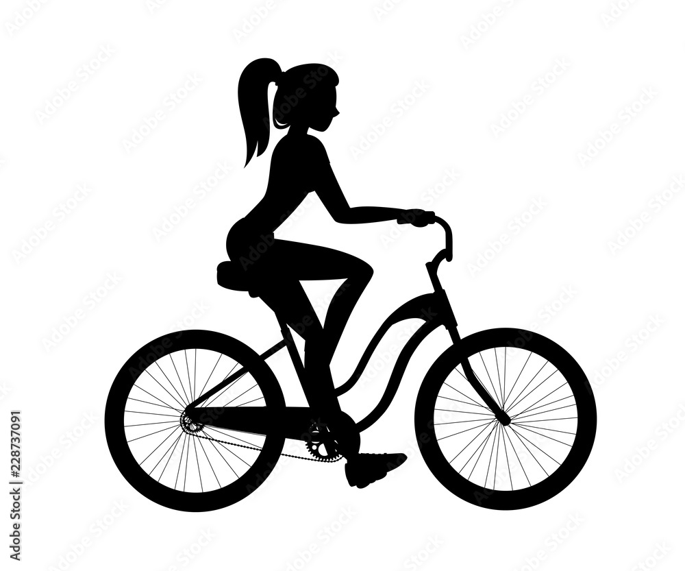 Black silhouette. Beautiful women riding bicycle. With bicycle and girl in sportswear. Cartoon character design. Flat vector illustration isolated on white background Black silhouette. Beautiful women riding bicycle. With bicycle and girl in sportswear. Cartoon character design. Flat vector illustration isolated on white background
