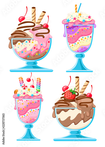 Set of Ice cream dessert in a glass bowls. Fruit sweet dessert with wafer straws, berries, chocolate. Flat vector illustration isolated on white background