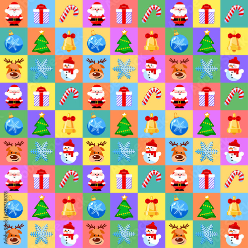 Christmas seamless pattern with cute cartoon characters on colorful background. Vector illustration. Flat design without transparency. Good for wrapping.