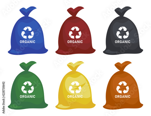 Trash in garbage packages with sorted garbage vector icons. Recycling garbage separation collection and recycled