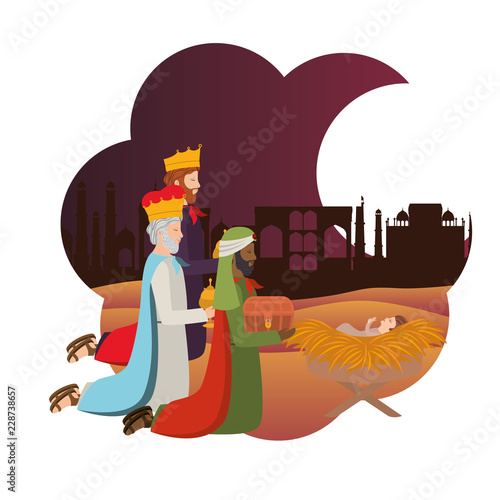 wise kings with jesus baby in straw crable