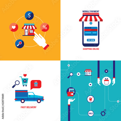 Online shopping e-commerce mobile payment and successful business concept banner set Vector illustration