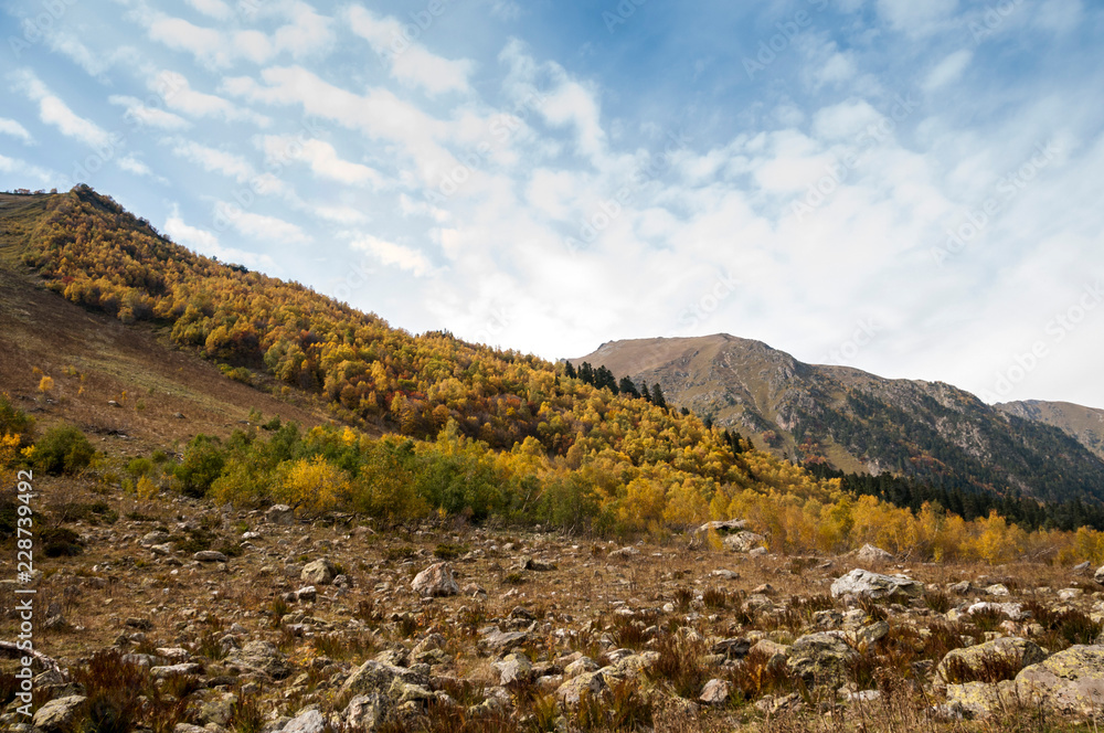 Autumn landscape in the mountains of the Caucasus. Russia, Karachay-Cherkess Republic, near the settlement of Arkhyz