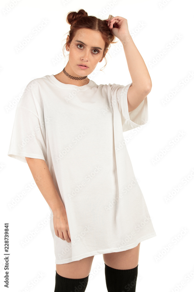 Blank t-shirt mock-up - Cool streetwear fashion girl ready for your design Blank t-shirt mock-up - Cool streetwear fashion girl ready for your design