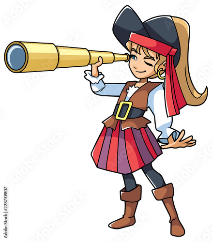 Full length illustration of happy girl, smiling while wearing pirate costume during carnival party against white background for copy space.