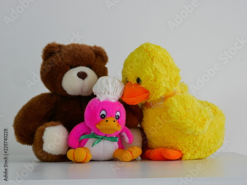 Teddy plush, yellow gosling plush, pink gosling yellow plush