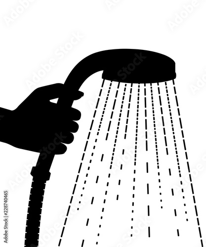Black silhouette. Hand hold shower head. Water drops. Flat vector illustration isolated on white background