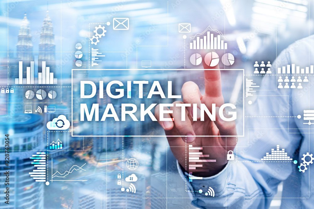 Digital marketing concept on double exposure background. Digital marketing concept on double exposure background.