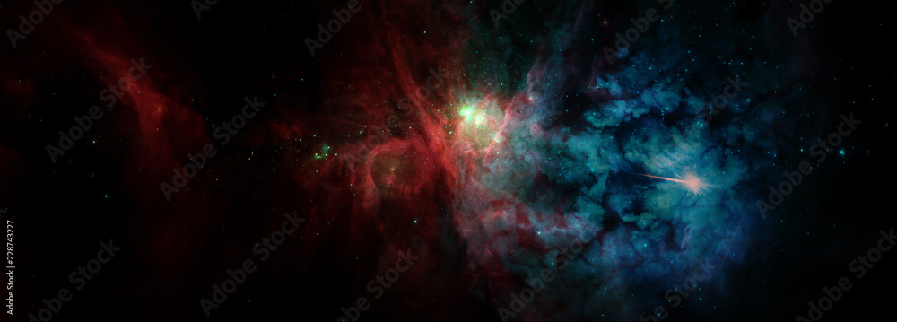 Naklejka premium Krajobrazowy tło fantazi obcy galaktyka z czerwonymi i błękitnymi jarzy się chmurami i gwiazdami. Elementy tego zdjęcia dostarczone przez NASA.