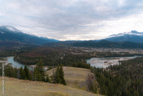 A hill top view of Jasper national park and town in Alberta