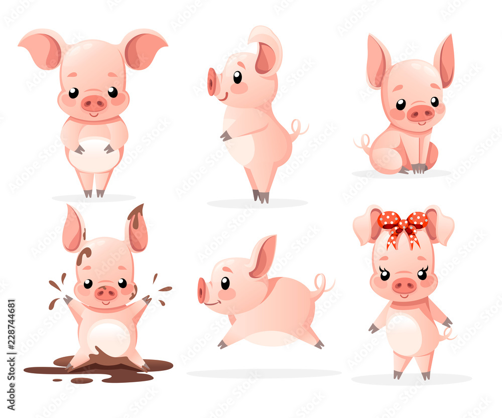 Cute pig collection. Cartoon character design. Little pigs in different poses. Clean and mud. Flat vector illustration isolated on white background