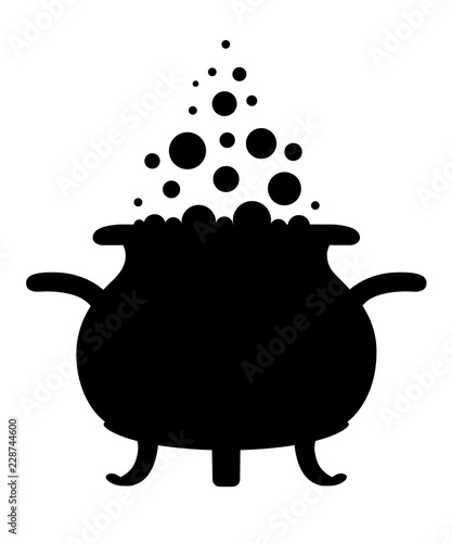 Black silhouette. Halloween witch cauldron with bubbling green goo. Design element for cosplay. Flat vector illustration isolated on white background