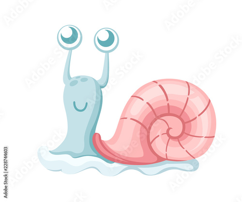 Cute sea snail. Cartoon character design. Blue snail with pink shell. Flat vector illustration isolated on white background