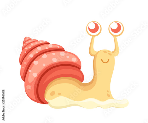 Cute sea snail. Cartoon character design. Yellow snail with red shell. Flat vector illustration isolated on white background