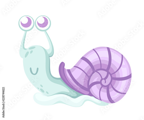 Cute sea snail. Cartoon character design. Blue snail with purple shell. Flat vector illustration isolated on white background