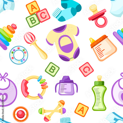 Seamless pattern. Baby icons set. Baby toys, bottles and soother symbols. Collection template elements for newborn kids. Flat vector illustration on white background