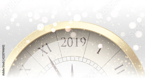 Shiny Happy New Year 2019 banner with golden clock.