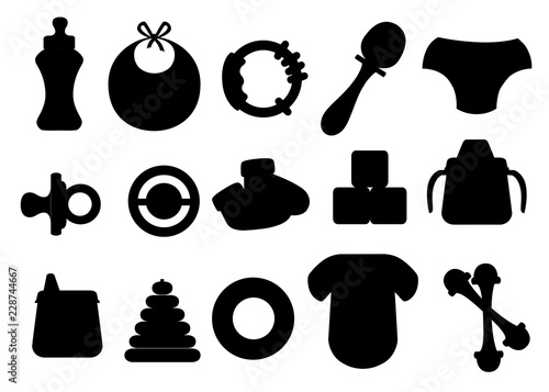 Black silhouette. Baby icons set. Baby toys, bottles and soother symbols. Collection template elements for newborn kids. Flat vector illustration isolated on white background