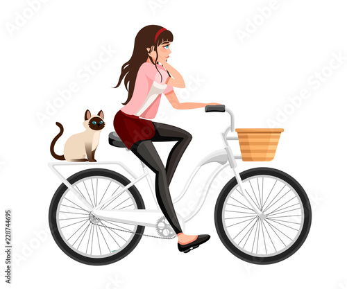 Beautiful women riding bicycle. Cat sit on bicycle. Cartoon character design. Flat vector illustration on white background © An-Maler
