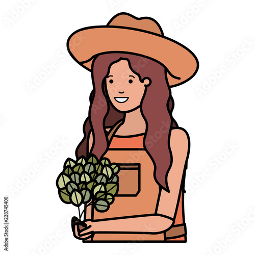 young woman gardener with plant avatar character
