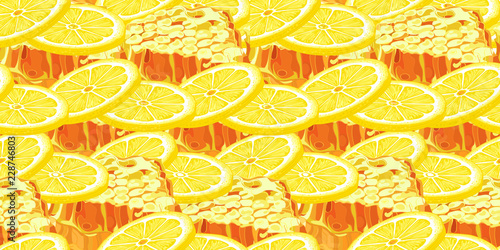 Lemon and honey comb vector seamless pattern. Citrus fruit and honey  background. Elements for menu, greeting cards, wrapping paper, cosmetics packaging, posters etc